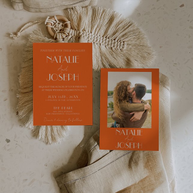 Elegant Bold Orange Stylish Retro Photo Wedding Invitation (Creator Uploaded)