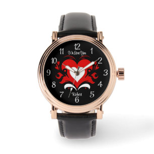 Elegant bold red white heart against black & text watch