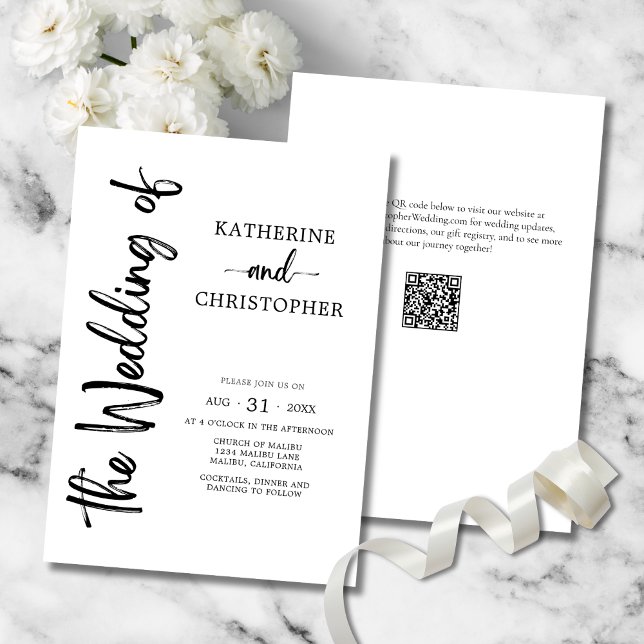 Elegant Bold Script Black White Formal Wedding Invitation (Elegant  Bold Black & White Script Wedding Invitation with Vertical Calligraphy, QR Code.)