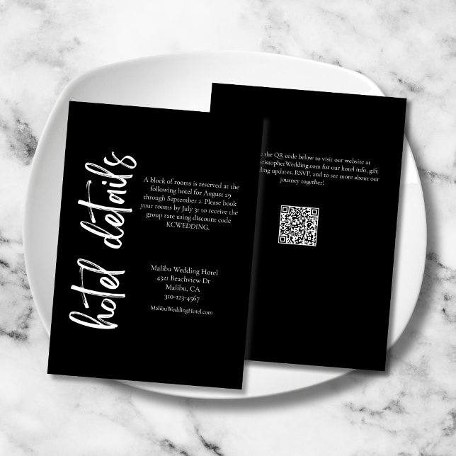 Elegant Bold Script Black White Wedding Hotel Enclosure Card (Elegant Bold Script Black and White Wedding Hotel Details Enclosure Card with QR Code.)