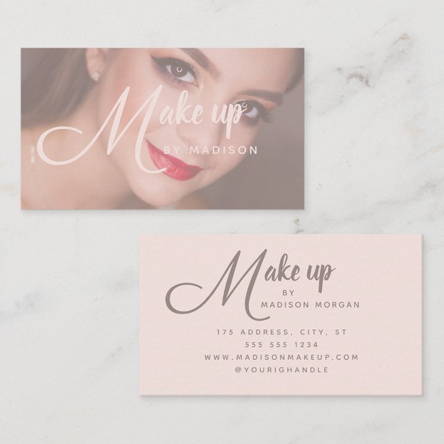 Elegant Bold Script Blush Pink Photo Makeup Business Card (Creator Uploaded)