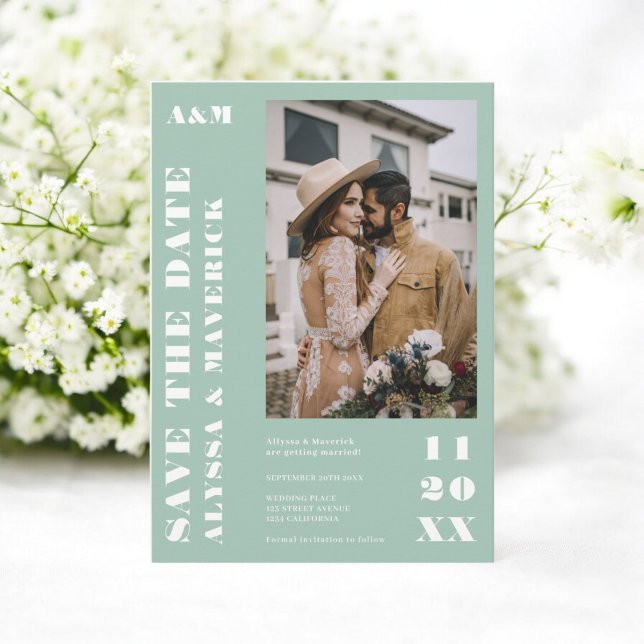 Elegant Bold simple sage green 2 photos wedding Save The Date (Elegant Bold simple sage green 2 photos wedding Save The Date)