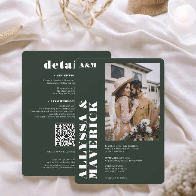 Elegant Bold simple white deep green photo wedding Invitation (Elegant Bold simple white deep green photo wedding Invitation)