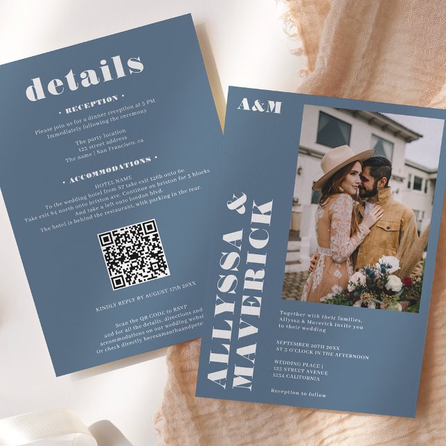 Elegant Bold simple white dusty blue photo wedding Invitation (Creator Uploaded)