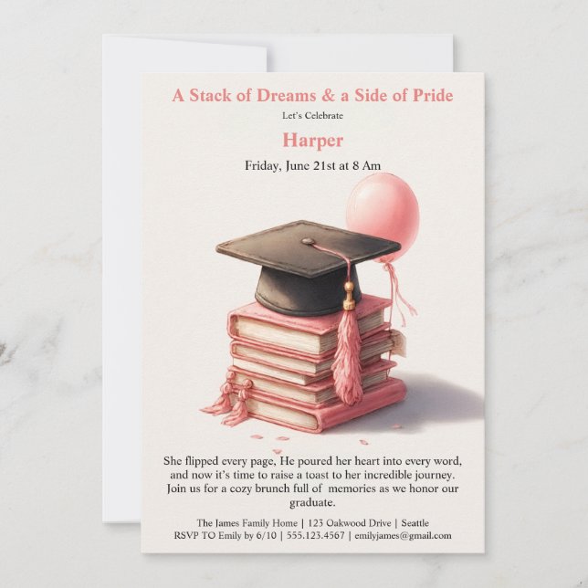 Elegant Book Lover Graduation Brunch Invitation (Devant)
