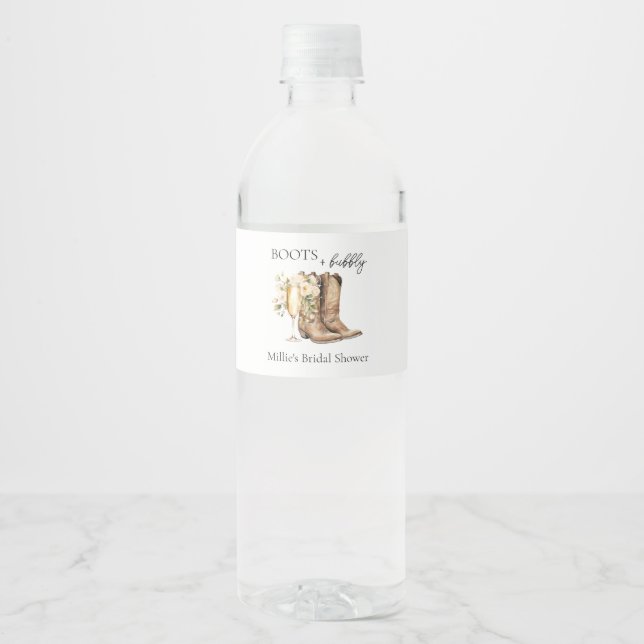 Elegant Boots and Bubbly Bridal Shower  Water Bottle Label (Front)