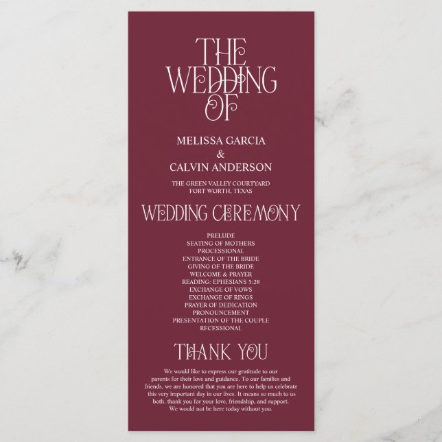Elegant Bordeaux Wine Typography Wedding Program (Front)