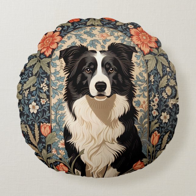 Elegant Border Collie William Morris Inspired Round Pillow (Front)