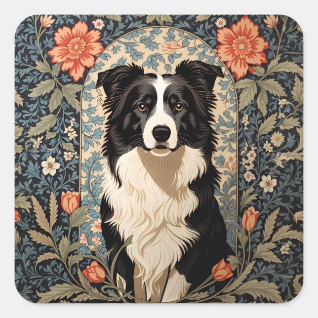 Elegant Border Collie William Morris Inspired Square Sticker (Front)