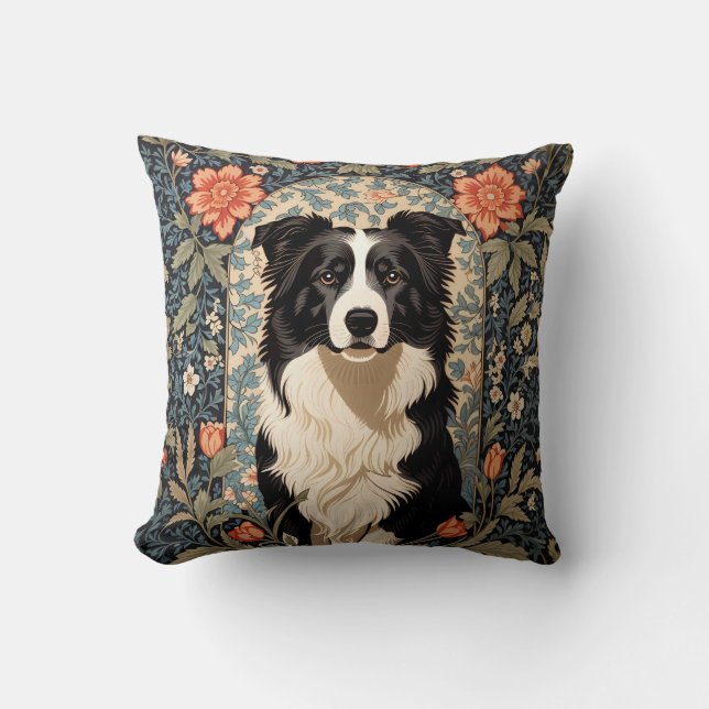 Elegant Border Collie William Morris Inspired Throw Pillow (Front)