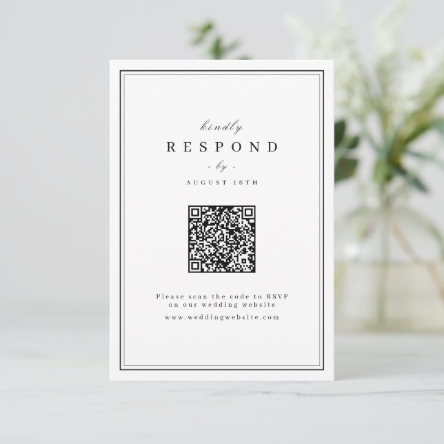 Elegant borders black and white minimalist wedding RSVP card (Standing Front)