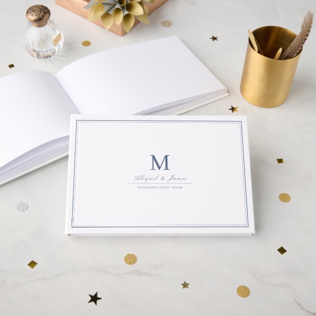 Elegant borders dusty blue minimalist monogram guest book (Front Open)