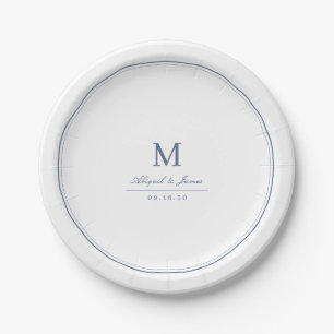 Elegant borders dusty blue minimalist monogram paper plate