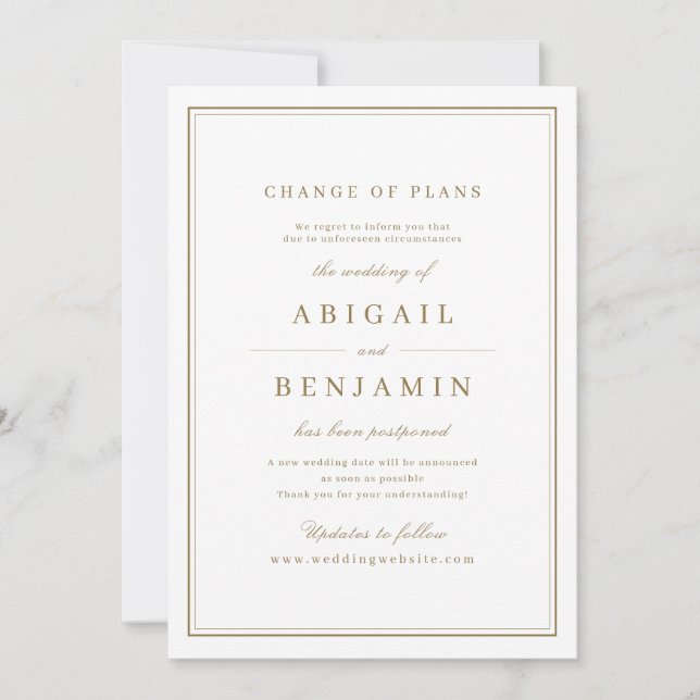Elegant borders gold change of plans postponement invitation (Front)