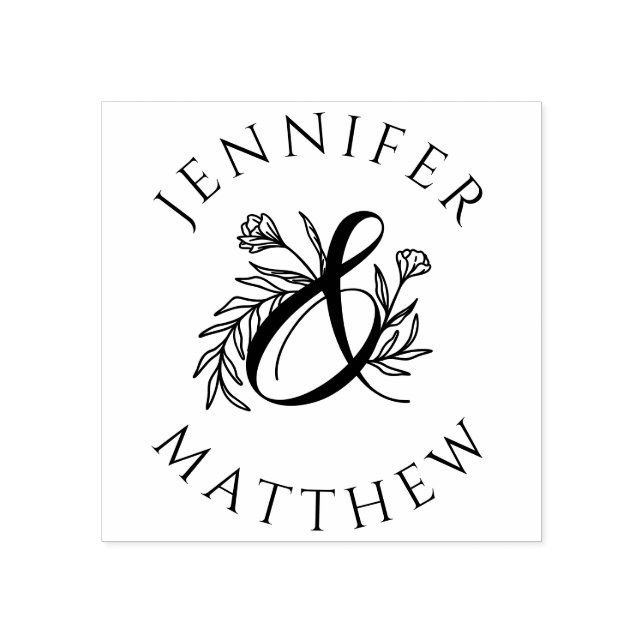 Elegant Botanical Ampersand Couple's Names Wedding Rubber Stamp (Imprint)