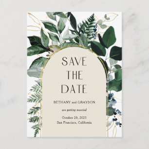 Elegant Botanical Beige QR code wedding save date Announcement Postcard