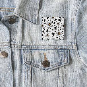 Elegant Botanical Black and White Floral Pattern 2 Inch Square Button