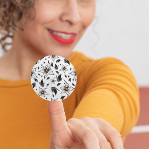 Elegant Botanical Black and White Floral Pattern Classic Round Sticker