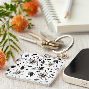 Elegant Botanical Black and White Floral Pattern Keychain
