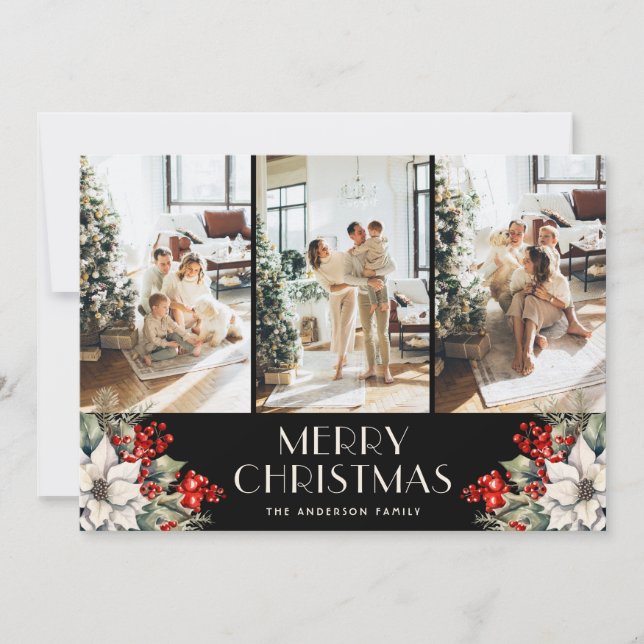 Elegant Botanical Black Photo Collage Christmas Holiday Card (Front)