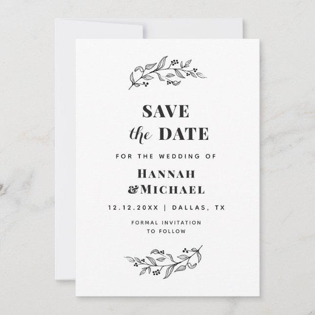 Elegant Botanical Black & White Drawn Greenery Save The Date (Front)
