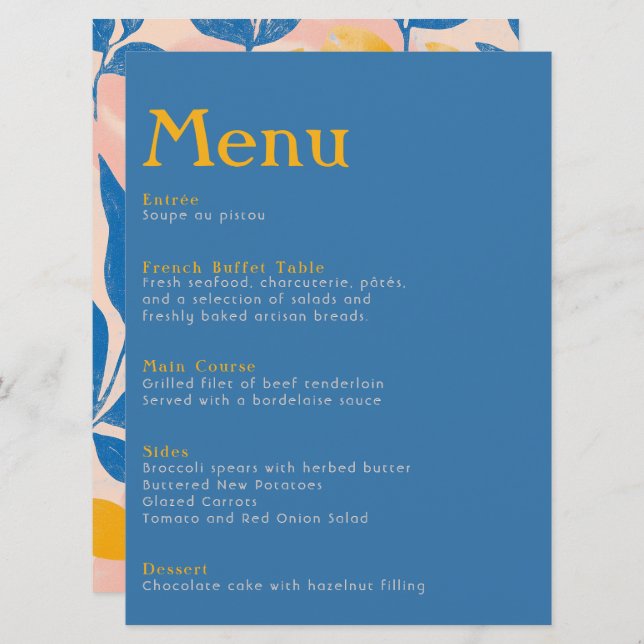 Elegant Botanical blue and yellow leafy wedding Menu (Front/Back)