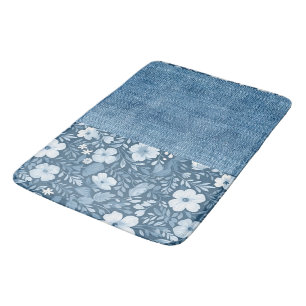 Elegant Botanical Blue Faux Denim Look Bath Mat