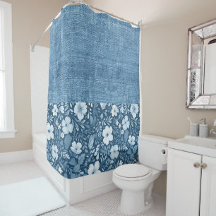 Elegant Botanical Blue Faux Denim Look Half N Half
