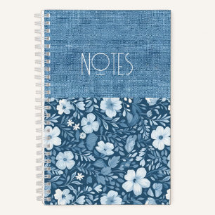 Elegant Botanical Blue Faux Denim Look Notebook