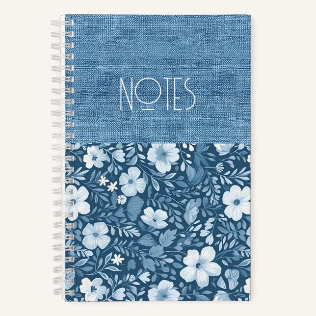 Elegant Botanical Blue Faux Denim Look  Notebook (Front)