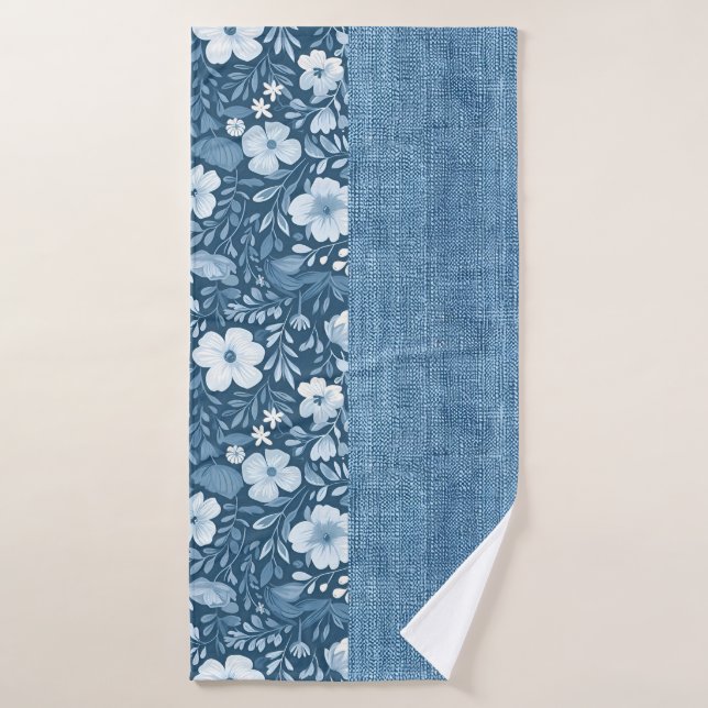 Elegant Botanical Blue Faux Denim Look Towel (Bath Towel)