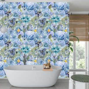 Elegant Botanical Blue Wildflower Pattern Wallpaper