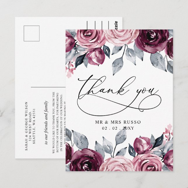 Elegant Botanical Blush Burgundy Floral Thank You Postcard (Front/Back)