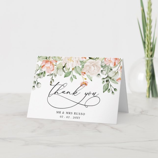  Elegant Botanical Blush Pink Floral Wedding Thank You Card (Front)