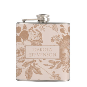 Elegant Botanical Blush Pink Rose Gold Floral Hip Flask