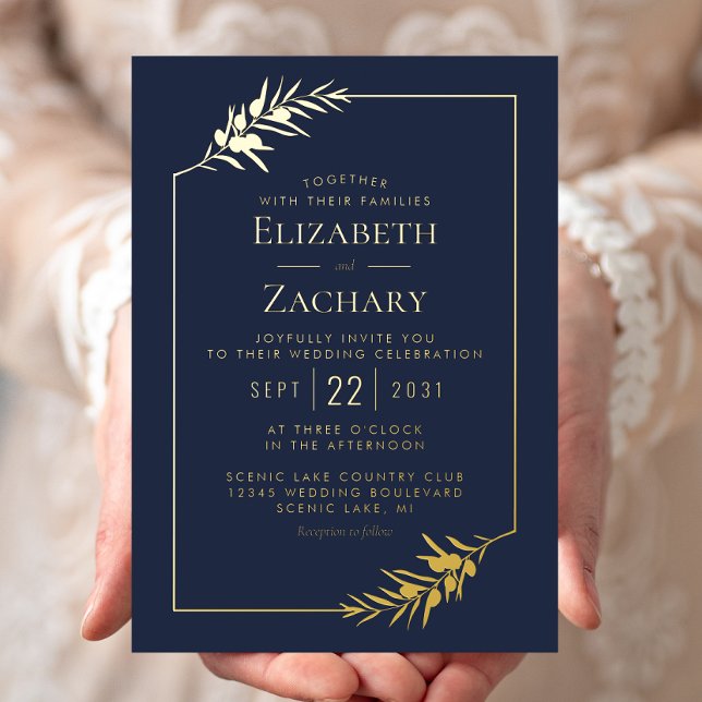 Elegant Botanical Border Gold Navy Blue Wedding (Creator Uploaded)