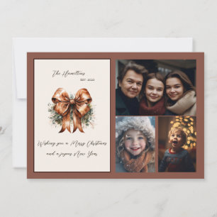 Elegant Botanical Bow Christmas Three Photo Holiday Card