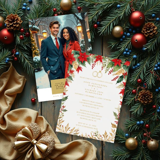 Elegant Botanical Christmas Frame Wedding Rings Invitation (Elegant Botanical Christmas Frame with Wedding Rings Invitation Cards with Back Photo and Modern QR.)