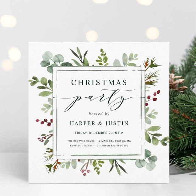 Elegant Botanical Christmas Party Square Green Invitation (Creator Uploaded)