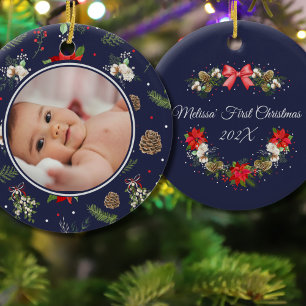 Elegant Botanical Christmas Wreath First Christmas Ceramic Ornament