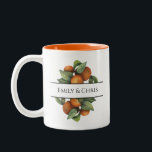 Elegant Botanical Citrus Greenery Two-Tone Coffee Mug<br><div class="desc">Pretty,  elegant,  modern and bohemian personalized and custom wedding Two-Tone Coffee Mug for your special occasion! The design matches with the rest of the Orange Leaf Foliage Collection. Watercolor orange fruit with dark and light green leaves leaf foliage side border frames the top and bottom of your names.</div>