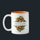 Elegant Botanical Citrus Greenery Two-Tone Coffee Mug<br><div class="desc">Pretty,  elegant,  modern and bohemian personalized and custom wedding Two-Tone Coffee Mug for your special occasion! The design matches with the rest of the Orange Leaf Foliage Collection. Watercolor orange fruit with dark and light green leaves leaf foliage side border frames the top and bottom of your names.</div>