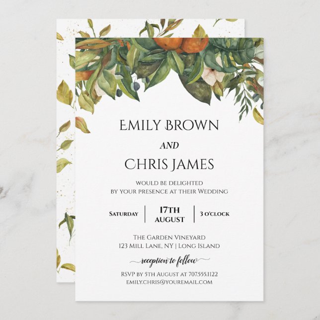 Elegant Botanical Citrus Greenery Wedding Invitation (Front/Back)