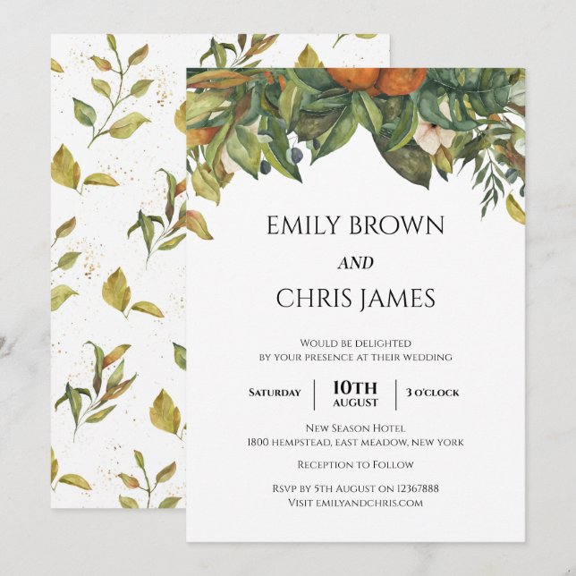 Elegant Botanical Citrus Greenery Wedding Invitation (Front/Back)