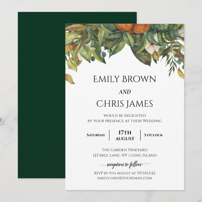 Elegant Botanical Citrus Greenery Wedding Invitation (Front/Back)