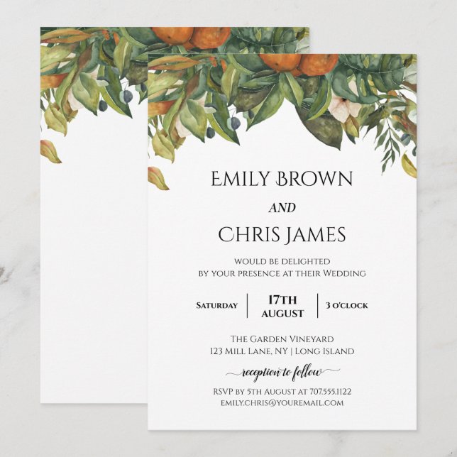 Elegant Botanical Citrus Greenery Wedding Invitation (Front/Back)