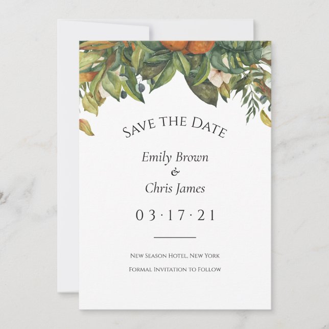 Elegant Botanical Citrus Greenery Wedding Save The Date (Front)