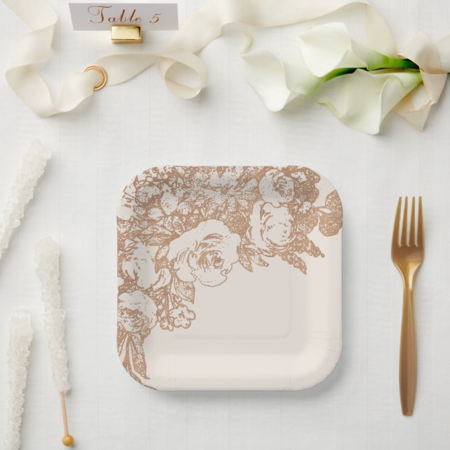 Elegant Botanical | Copper Rose Gold Floral Paper Plate (Wedding)