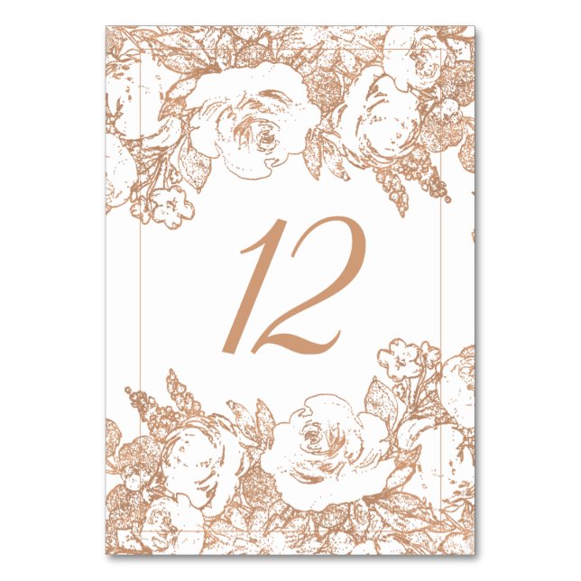 Elegant Botanical | Copper Rose Gold Floral Table Number (Front)
