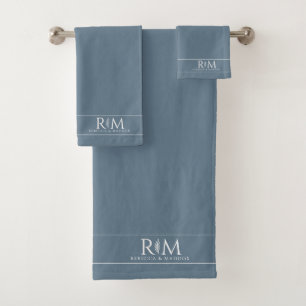 Elegant Botanical Couple's Blue Monogram Bath Towel Set